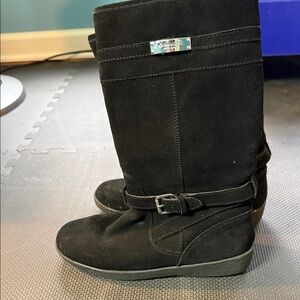 Coach Black Suede Mid-Calf Wedge Boots with Buckle Detail
